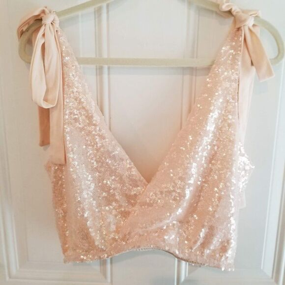 Forever 21 Sequin Tie Crop Top Size Small NWT Blush Pink - Picture 5 of 9